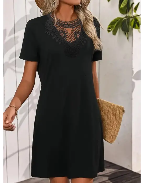 Kadın Kısa Kollu Dantel Yakalı Kısa Viskon Elbise