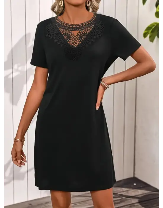 Kadın Kısa Kollu Dantel Yakalı Kısa Viskon Elbise