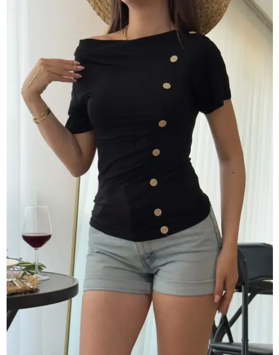 Kadın Kısa Kollu Degaje Yaka Düğme Detay Viskon Bluz