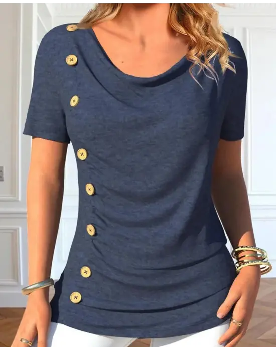 Kadın Kısa Kollu Degaje Yaka Düğme Detay Viskon Bluz