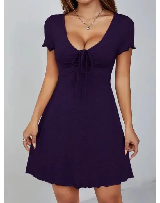 Kadın Kısa Kollu Derin Büzgülü V Yakalı Viskon Elbise