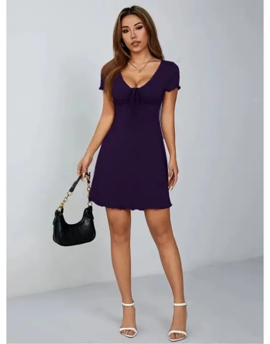 Kadın Kısa Kollu Derin Büzgülü V Yakalı Viskon Elbise