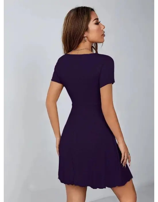 Kadın Kısa Kollu Derin Büzgülü V Yakalı Viskon Elbise