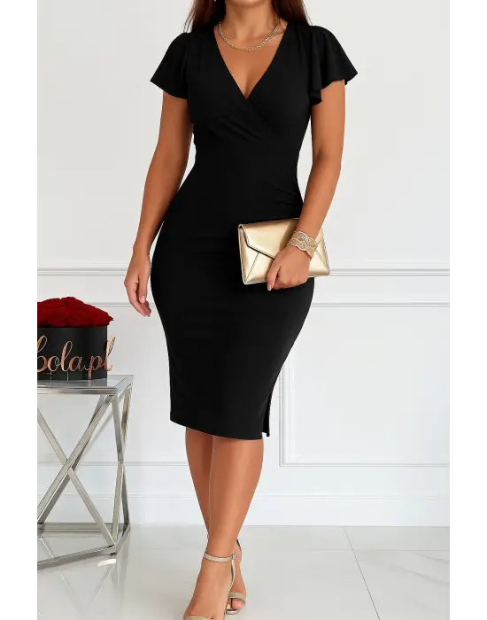 Omarı Derin Dekolte V Yakalı Yırtmaçlı Midi Elbise