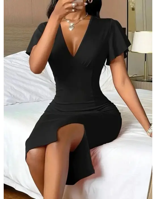 Kadın Kısa Kollu Derin Dekolte V Yakalı Yırtmaçlı Midi Janjan Krep Elbise