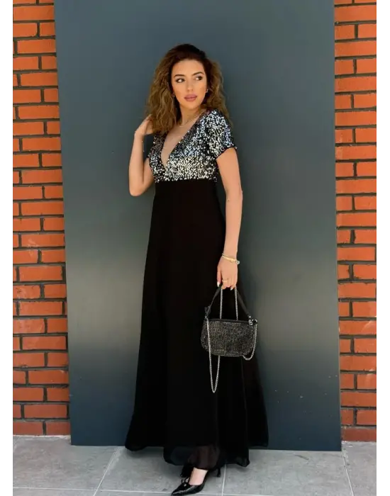 Kadın Kısa Kollu Derin V Yakalı A Kesim Pulpayet Detaylı şifon Nedime Elbisesi