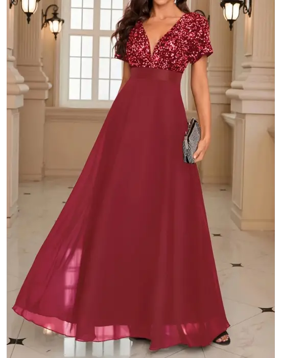 Kadın Kısa Kollu Derin V Yakalı A Kesim Pulpayet Detaylı şifon Nedime Elbisesi