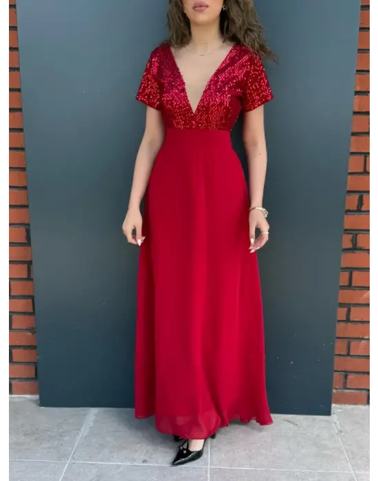 Kadın Kısa Kollu Derin V Yakalı A Kesim Pulpayet Detaylı şifon Nedime Elbisesi