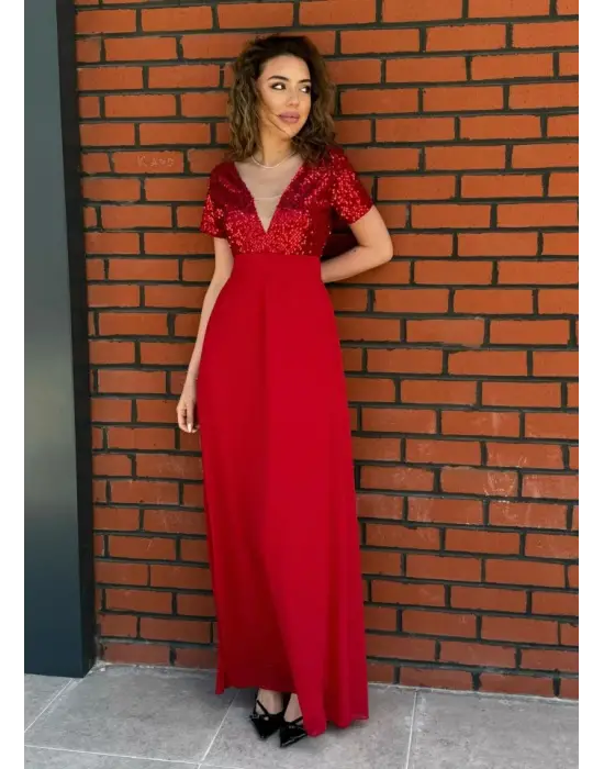 Kadın Kısa Kollu Derin V Yakalı A Kesim Pulpayet Detaylı şifon Nedime Elbisesi