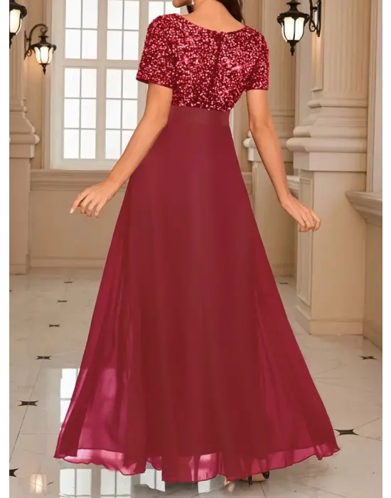 Kadın Kısa Kollu Derin V Yakalı A Kesim Pulpayet Detaylı şifon Nedime Elbisesi