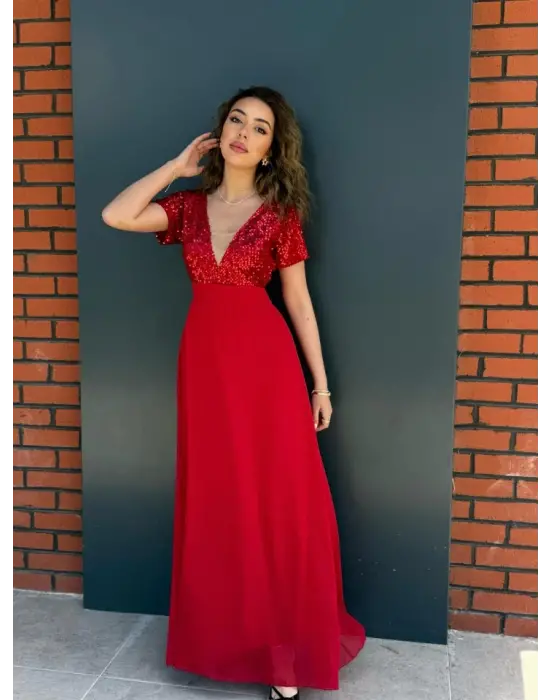 Kadın Kısa Kollu Derin V Yakalı A Kesim Pulpayet Detaylı şifon Nedime Elbisesi