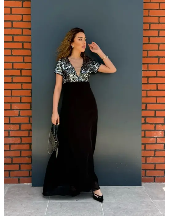 Kadın Kısa Kollu Derin V Yakalı A Kesim Pulpayet Detaylı şifon Nedime Elbisesi