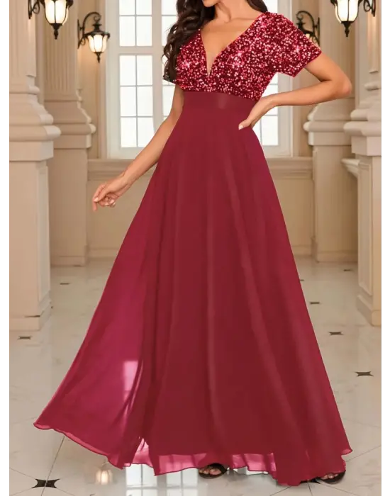 Kadın Kısa Kollu Derin V Yakalı A Kesim Pulpayet Detaylı şifon Nedime Elbisesi