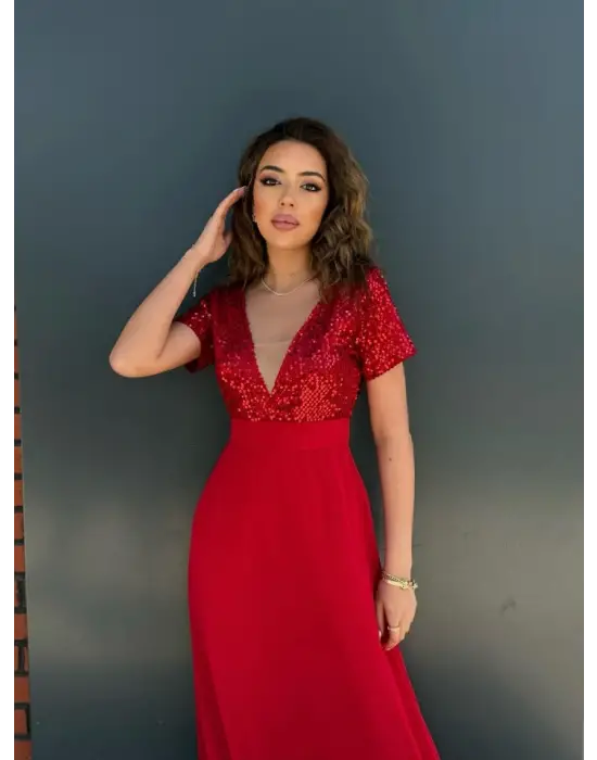 Kadın Kısa Kollu Derin V Yakalı A Kesim Pulpayet Detaylı şifon Nedime Elbisesi