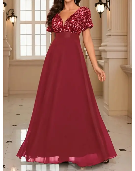 Kadın Kısa Kollu Derin V Yakalı A Kesim Pulpayet Detaylı şifon Nedime Elbisesi