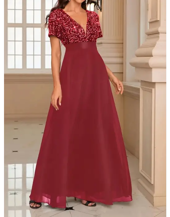 Kadın Kısa Kollu Derin V Yakalı A Kesim Pulpayet Detaylı şifon Nedime Elbisesi