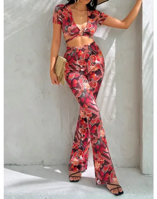 Kadın Kısa Kollu Desenli Takım