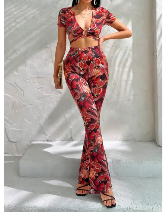 Kadın Kısa Kollu Desenli Takım