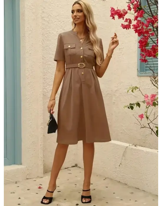 Kadın Kısa Kollu Düğmeli Ve Kemerli Atlas Elbise