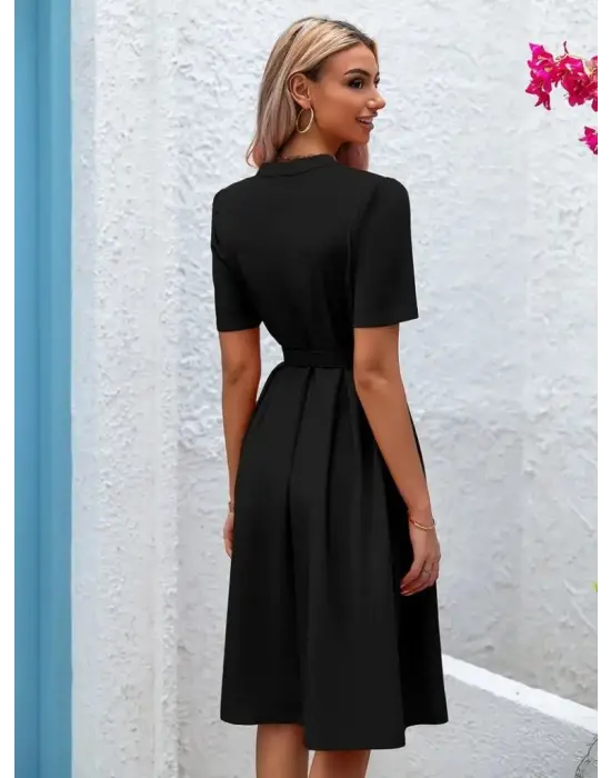 Kadın Kısa Kollu Düğmeli Ve Kemerli Atlas Elbise