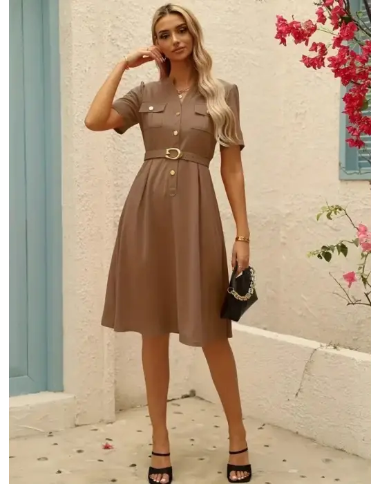 Omarı Altın Kadife Elbise