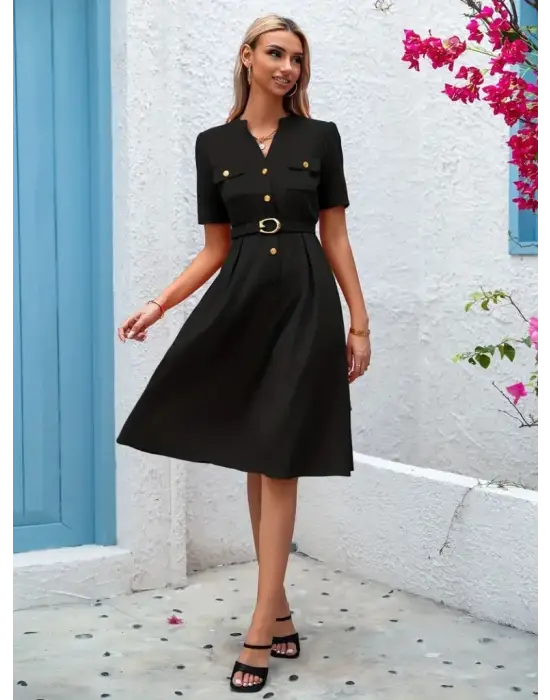 Kadın Kısa Kollu Düğmeli Ve Kemerli Atlas Elbise