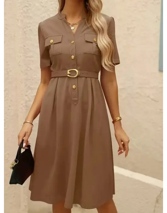 Kadın Kısa Kollu Düğmeli Ve Kemerli Atlas Elbise