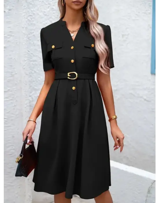 Kadın Kısa Kollu Düğmeli Ve Kemerli Atlas Elbise