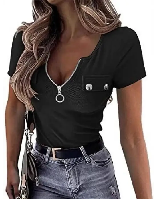 Omarı Fermuarlı Cep Detaylı Kaşkorse Bluz