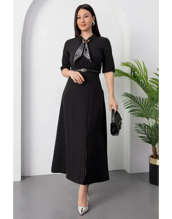 Kadın Kısa Kollu Fular Ve Kemer Detay önden Yırtmaçlı Maxi Boy Elbise