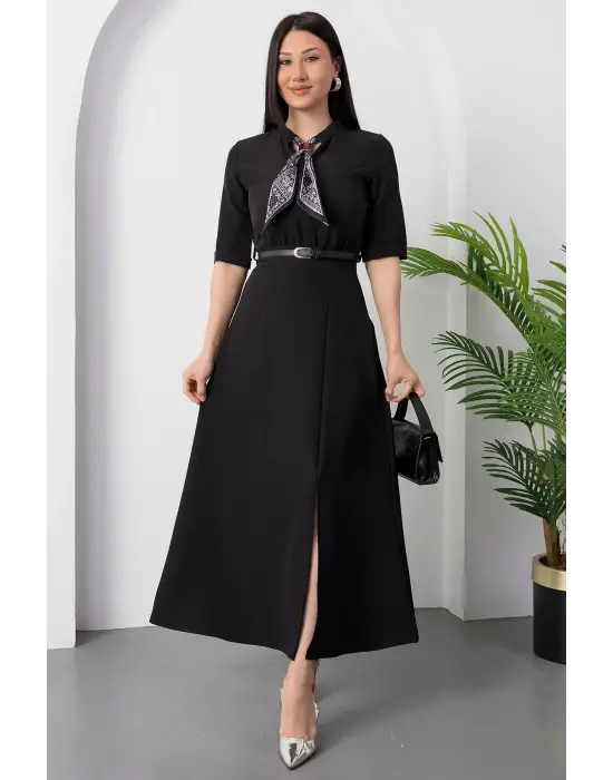 Kadın Kısa Kollu Fular Ve Kemer Detay önden Yırtmaçlı Maxi Boy Elbise