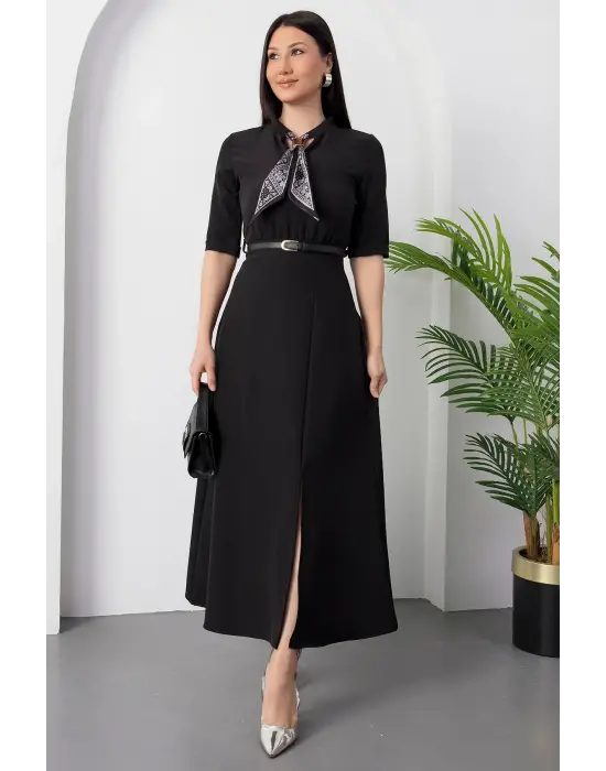 Kadın Kısa Kollu Fular Ve Kemer Detay önden Yırtmaçlı Maxi Boy Elbise