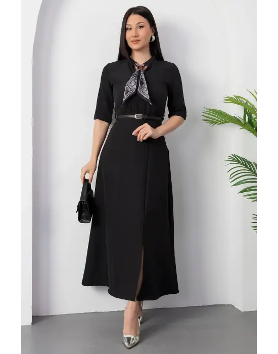 Kadın Kısa Kollu Fular Ve Kemer Detay önden Yırtmaçlı Maxi Boy Elbise