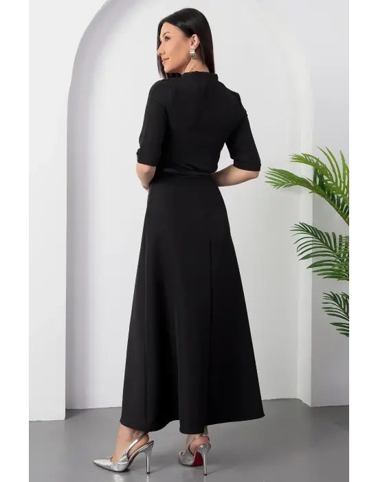 Kadın Kısa Kollu Fular Ve Kemer Detay önden Yırtmaçlı Maxi Boy Elbise