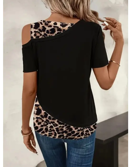 Omarı Modern Geometrik Desenli Kadın Kısa Kollu Viskon Bluz