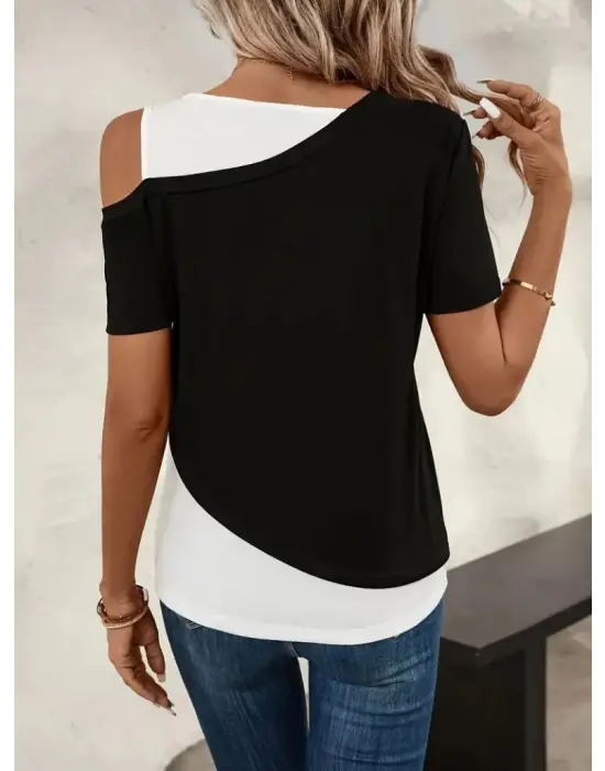 Omarı Geometrik Desenli Kısa Kollu Kadın Viskon Bluz