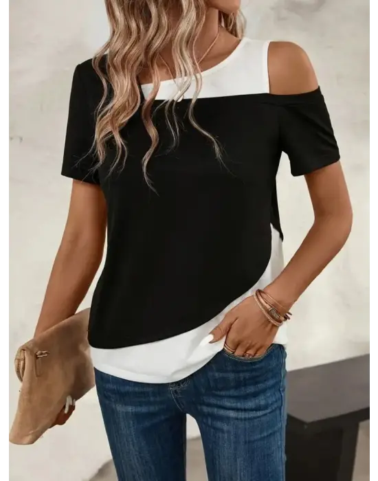 Omarı Geometrik Desenli Kısa Kollu Kadın Viskon Bluz