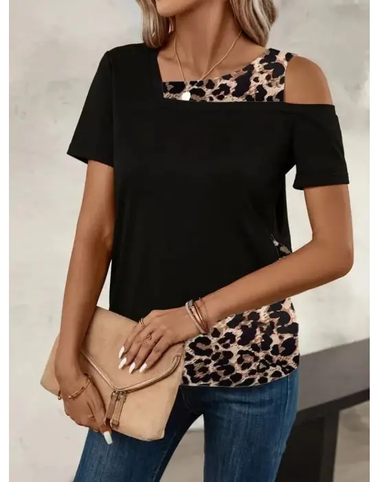 Omarı Modern Geometrik Desenli Kadın Kısa Kollu Viskon Bluz