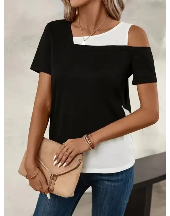 Omarı Geometrik Desenli Kısa Kollu Kadın Viskon Bluz