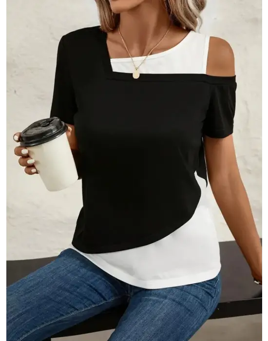 Omarı Geometrik Desenli Kısa Kollu Kadın Viskon Bluz