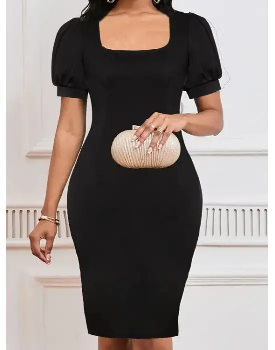 Omarı Elegan Geometrik Yaka Kısa Kollu Elbise