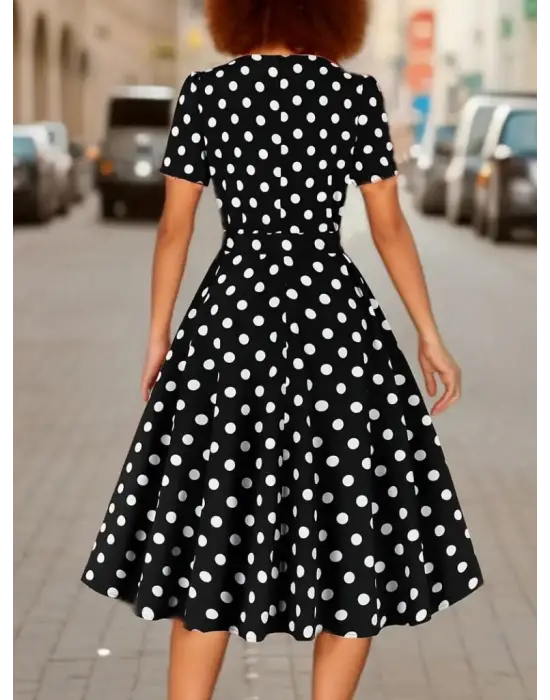 Omarı Geometrik Desenli Kadın Kısa Kollu Midi Elbise