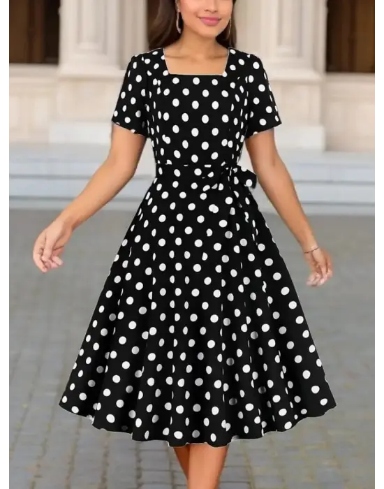 Kadın Kısa Kollu Geometrik Yaka Puantiyeli Kiloş Midi Süprem Elbise
