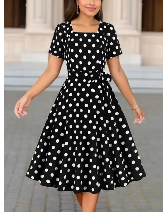 Omarı Geometrik Desenli Kadın Kısa Kollu Midi Elbise