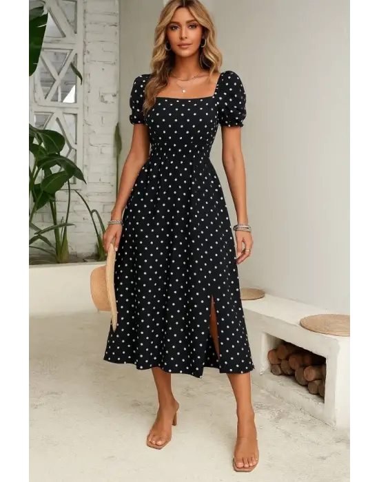Kadın Kısa Kollu Geometrik Yaka Yırtmaçlı Puantiyeli Midi örme Krep Elbise
