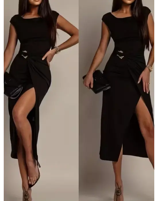 Kadın Kısa Kollu Geometrik Yakalı önden Açık Modal Mini Elbise