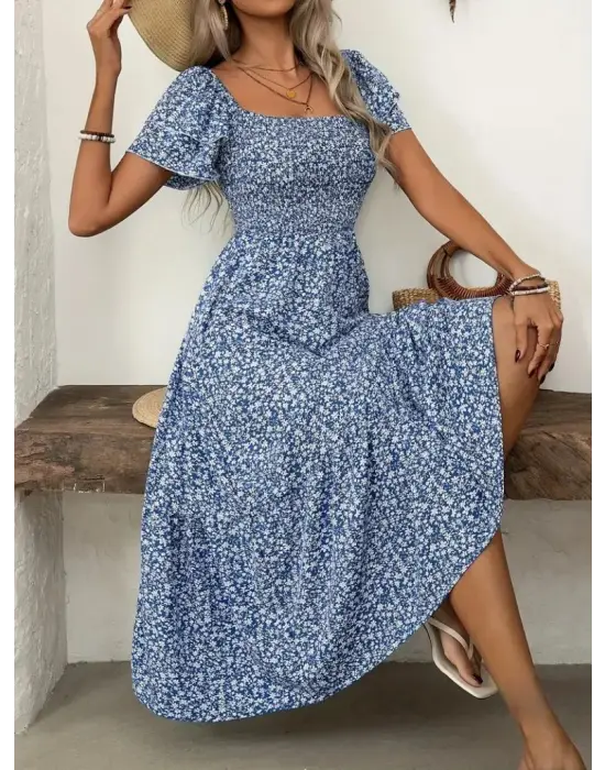 Kadın Kısa Kollu Gipe Detaylı Desenli Midi Süprem Elbise