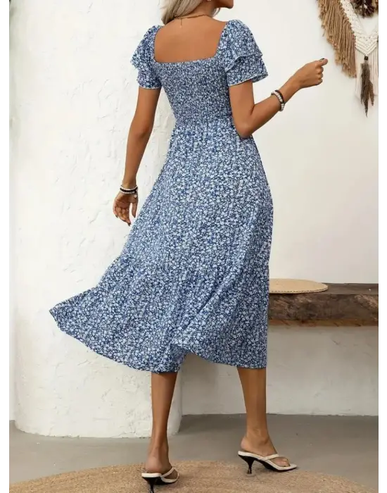 Kadın Kısa Kollu Gipe Detaylı Desenli Midi Süprem Elbise