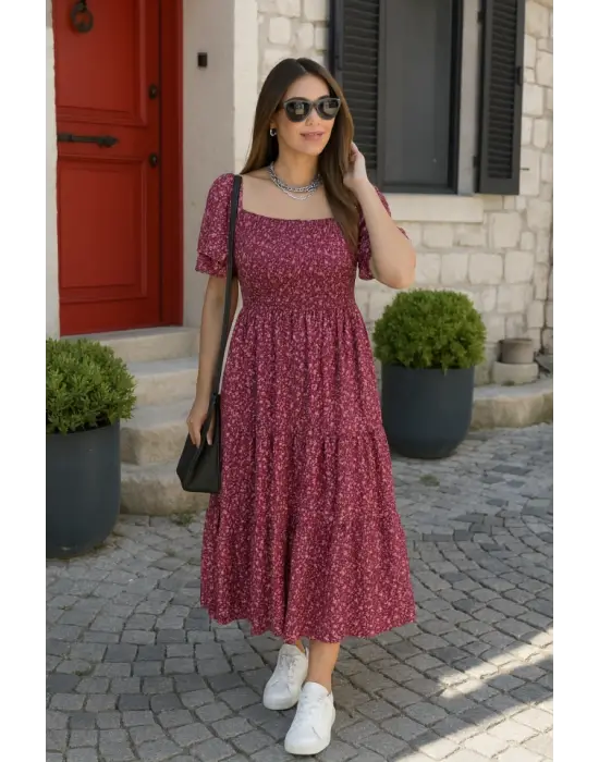 Kadın Kısa Kollu Gipe Detaylı Desenli Midi Süprem Elbise