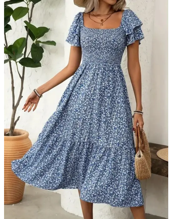 Kadın Kısa Kollu Gipe Detaylı Desenli Midi Süprem Elbise